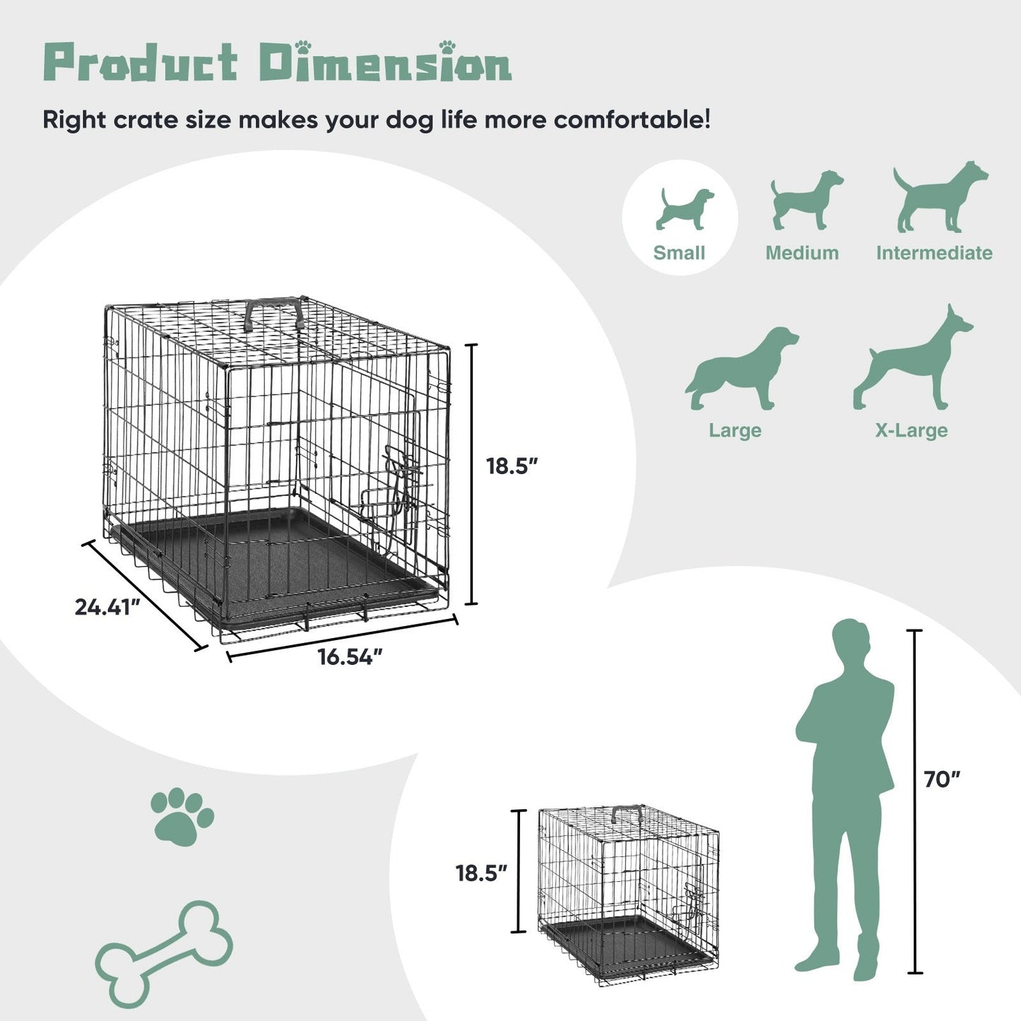 Folding Wire Dog Crate in 24, 30 or 36 Inches with Divider, Removable Tray and Door Options