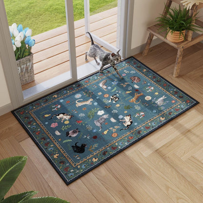 Area Rug, Vintage Blue Cat and Floral Low-Pile Carpet in Rectangle, Runner and Round Size Options