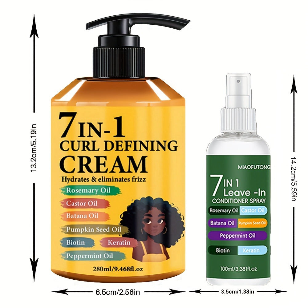 Rosemary Hair Growth Styling Cream & Leave-In Conditioner Spray Set 2pcs - 7-in-1 Formula with Castor