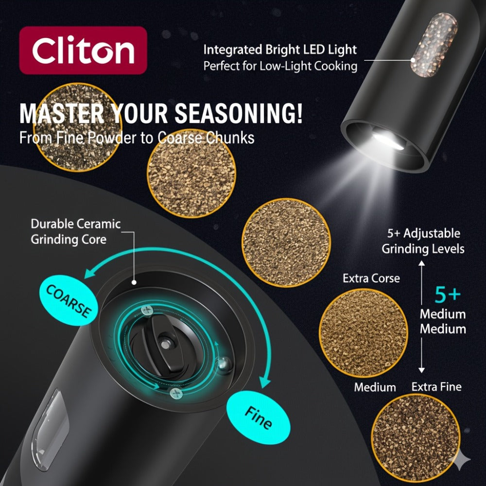 Electric Salt and Pepper Grinder Set, Rechargeable Mills with LED Light, Adjustable Coarseness & 3.72oz for Home Kitchen