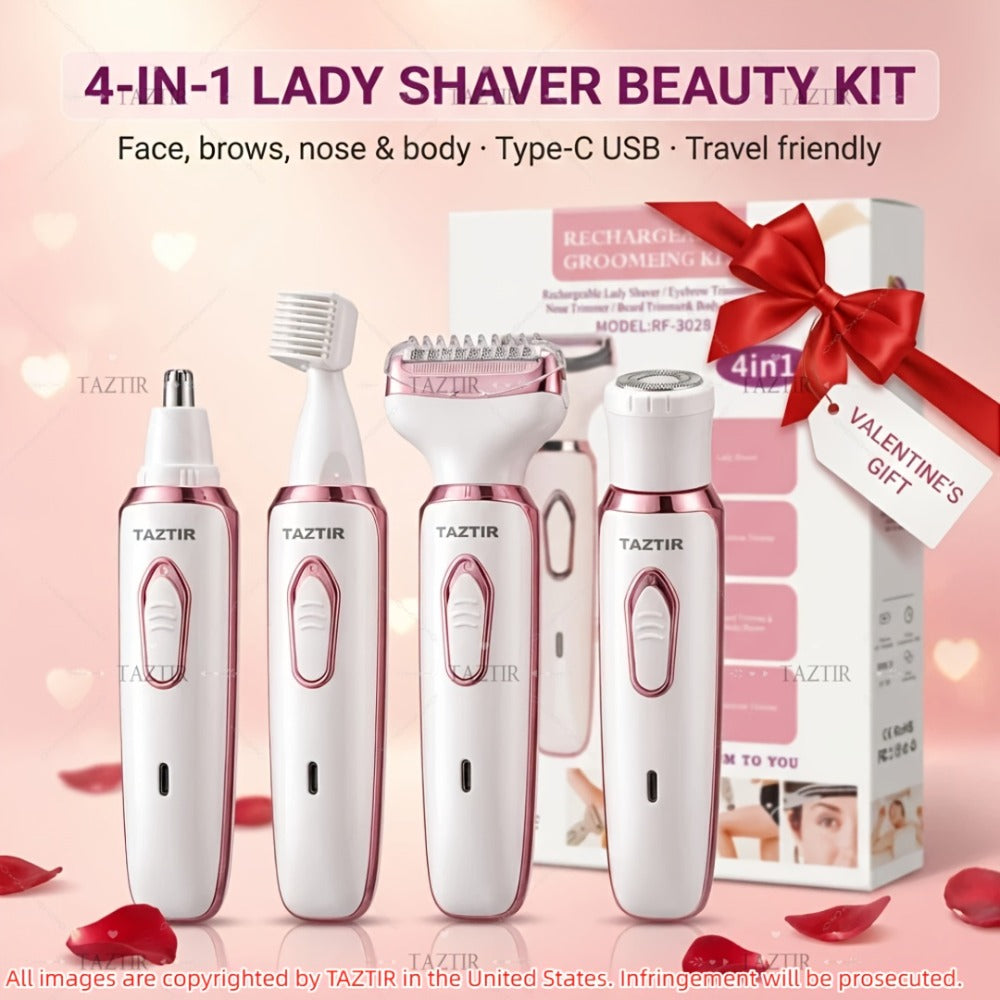 4-in-1 Electric Shaver for Women Rechargeable Wet & Dry Painless – Face Nose Legs Underarm Bikini Trimmer Portable Cordless Grooming Kit
