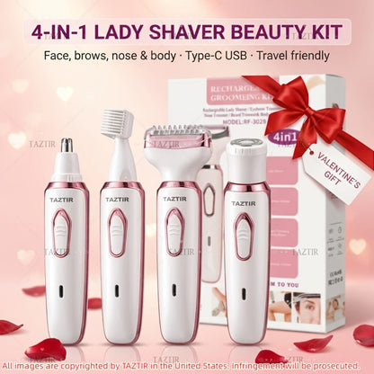 4-in-1 Electric Shaver for Women Rechargeable Wet & Dry Painless – Face Nose Legs Underarm Bikini Trimmer Portable Cordless Grooming Kit