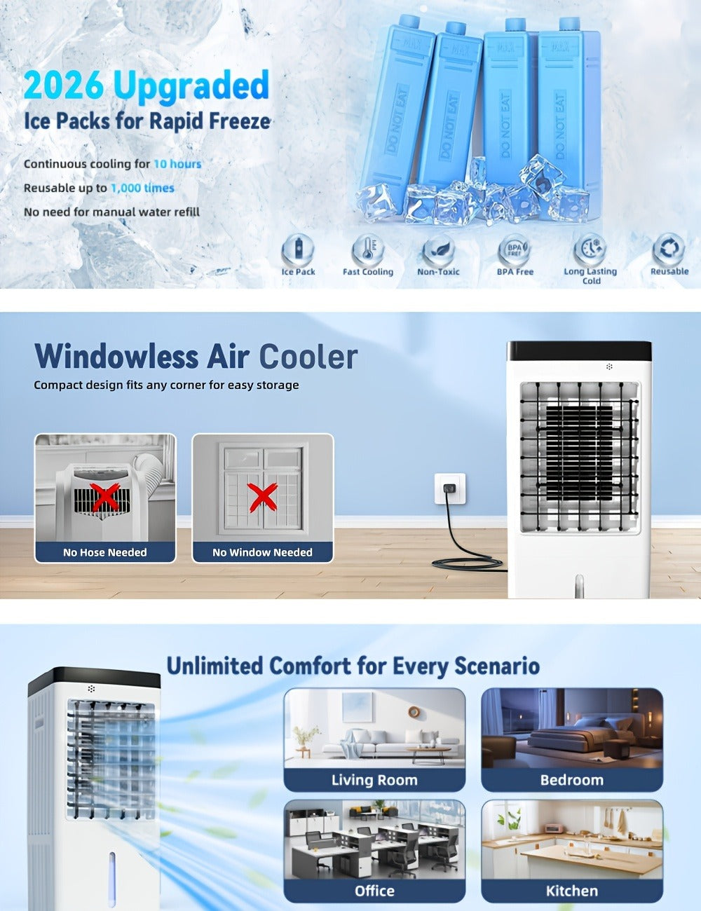 Outdoor Air Cooler 3-in-1 Evaporative Cooler Fan with Misting Humidifier 2.9 Gal Large Tank for Grilling, Camping and Outdoor Meals