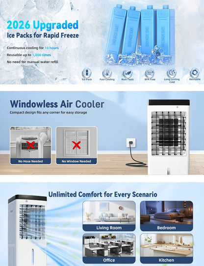 Outdoor Air Cooler 3-in-1 Evaporative Cooler Fan with Misting Humidifier 2.9 Gal Large Tank for Grilling, Camping and Outdoor Meals
