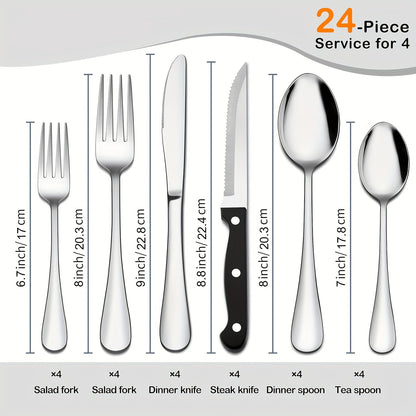 Serrated Steak Knife Dining Set with Six-Piece Place Settings, 24 or 48 Utensils in Silver or Black