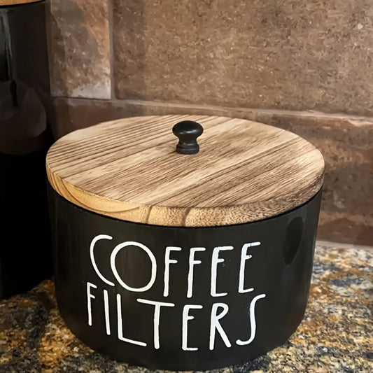 Wooden Coffee Filter Holder with Lid – Large Capacity Rustic Round Organizer Dispenser for Coffee Filters & Tea Bags, Bamboo Lid