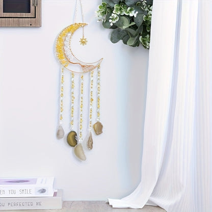 Dreamcatcher Moon Suncatcher Wall Hanging, Handmade Boho Wind Chime Pendant for Indoor Outdoor Garden