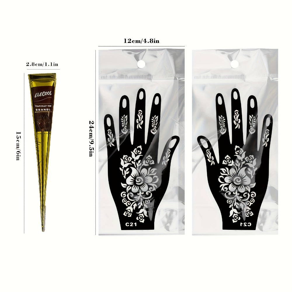 Temporary Semi-Permanent Tattoo Paste Kit - Body Art Gel in Brown & Black with Tattoo Templates