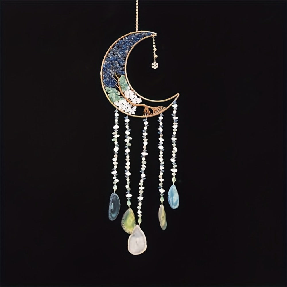 Dreamcatcher Moon Suncatcher Wall Hanging, Handmade Boho Wind Chime Pendant for Indoor Outdoor Garden