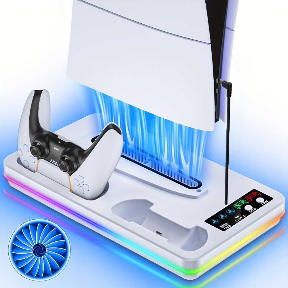 10 RGB Lights PS5 Cooling Stand with 3-Level Fan, Dual Controller Charging Station, USB Hub & Type-C Port