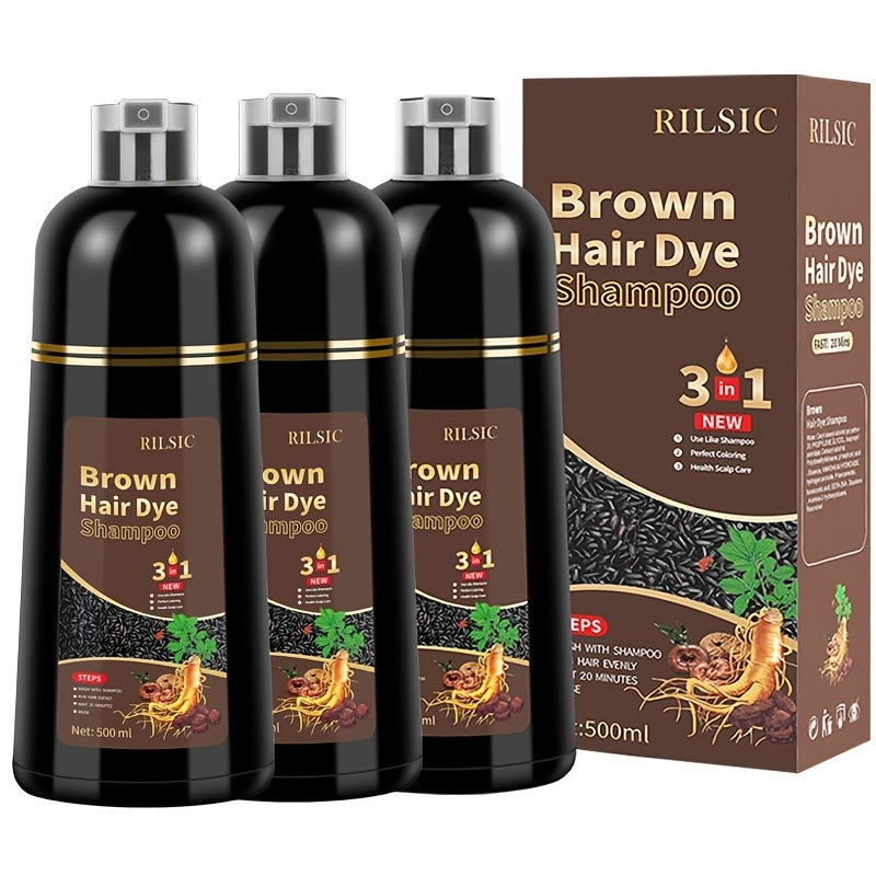 Hair Dye Shampoo, RILSIC Three-Pack of 500ml Bottles in Black, Brown, Dark Brown or Chestnut Brown
