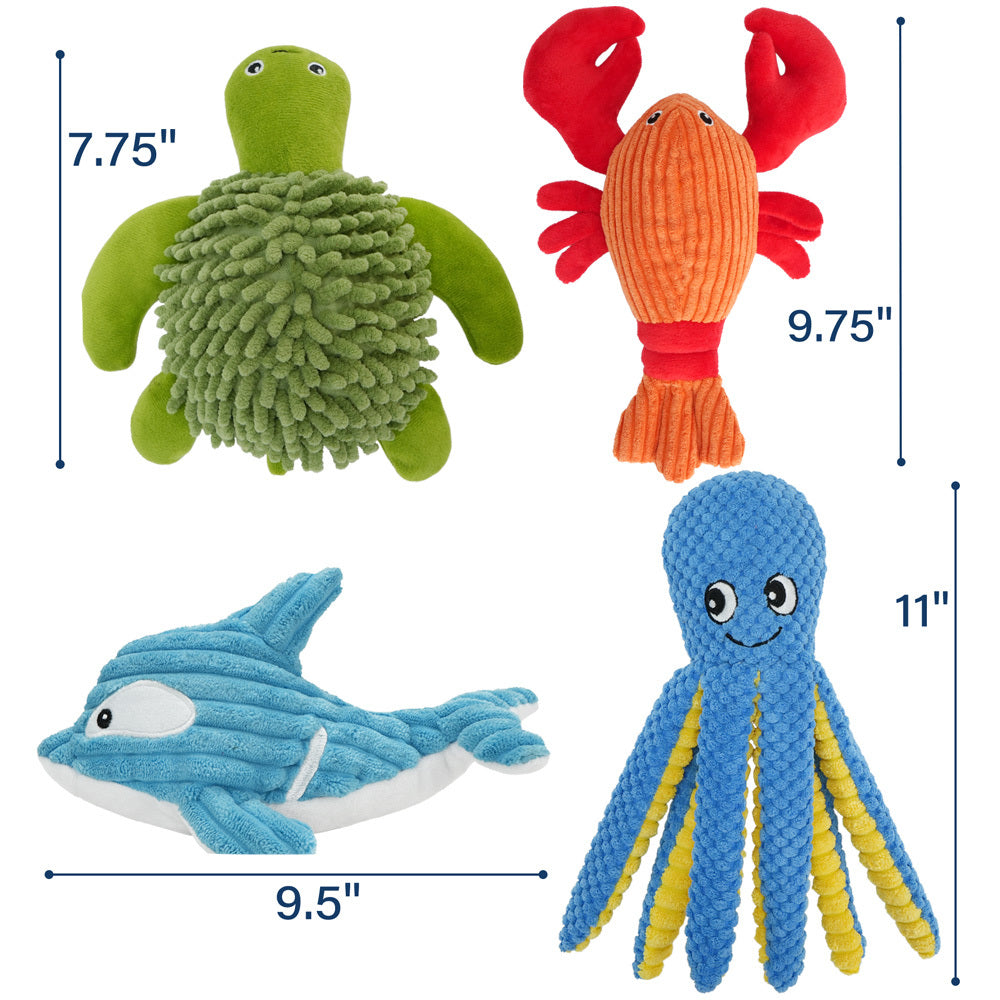 Four-Piece Plush Dog Toy Set with Dolphin, Turtle, Lobster and Octopus Shapes for Supervised Play