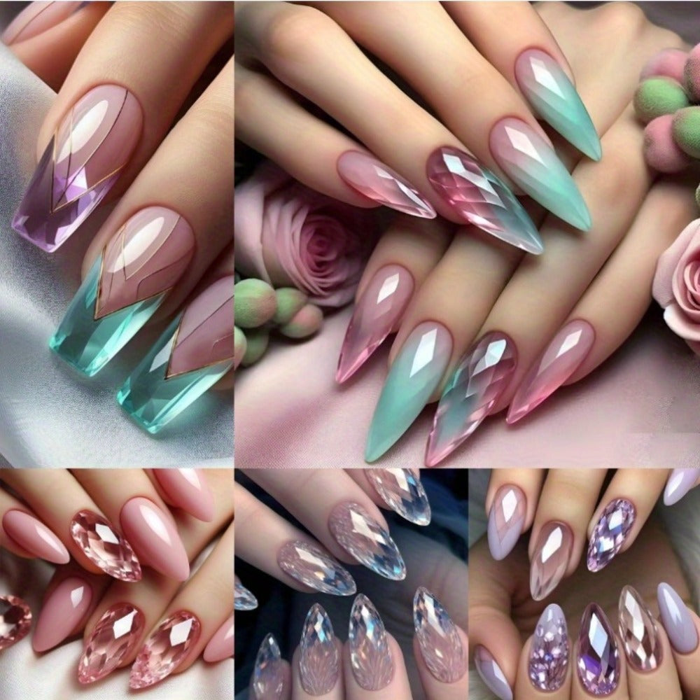 Glue On Nails, 120-Piece Medium Almond Set with Gradient Holographic Finish, Jelly Glue and Nail File