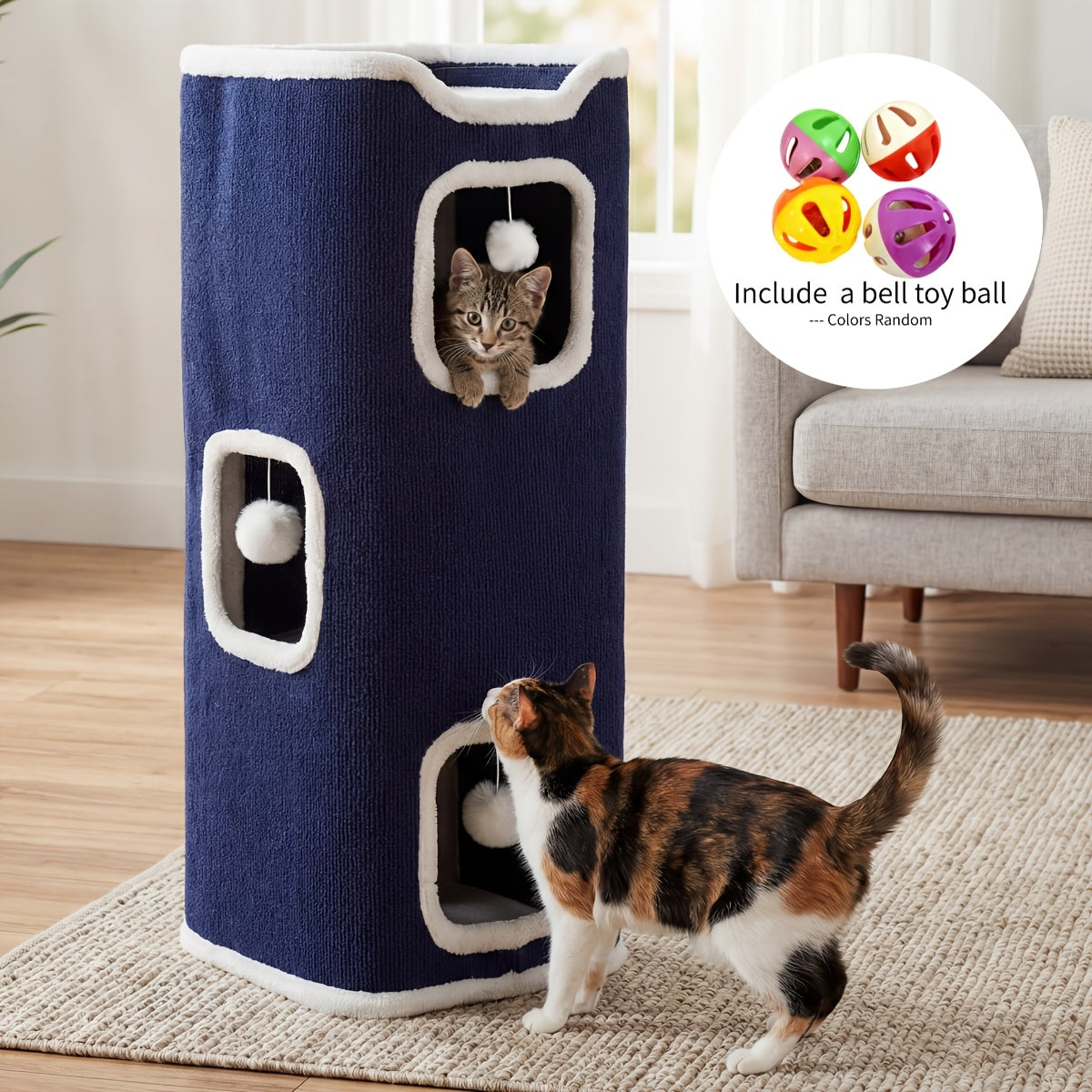 Cat Tree Tower Multi-Level Foldable Cat Condo for Indoor Cats – Scratch-Resistant Carpet, Hanging Bell Ball, Cozy Top Bed