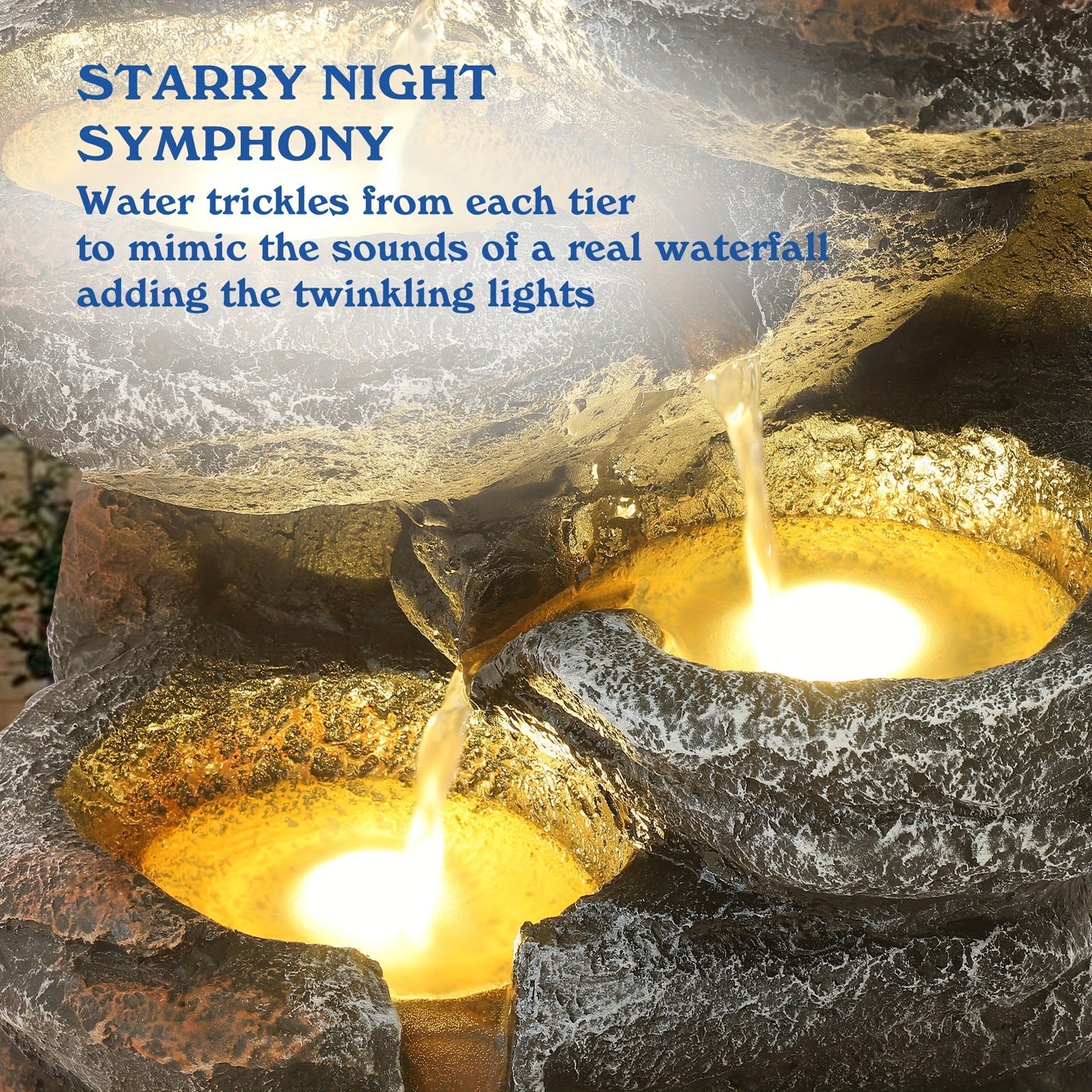 Outdoor Water Fountain 6-Tier Cascading Garden Fountain with LED Lights, Pump & Rocky Peak Decor