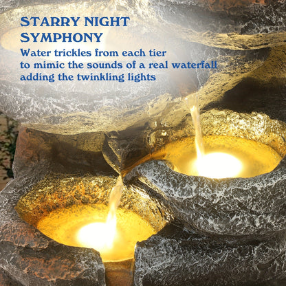 Outdoor Water Fountain 6-Tier Cascading Garden Fountain with LED Lights, Pump & Rocky Peak Decor
