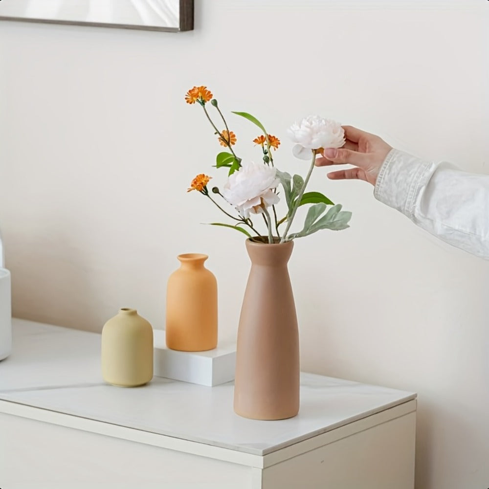 Boho Ceramic Vase Set 3pcs - Matte Nordic Minimalist Geometric Floral Design for Home Decor, Living Room