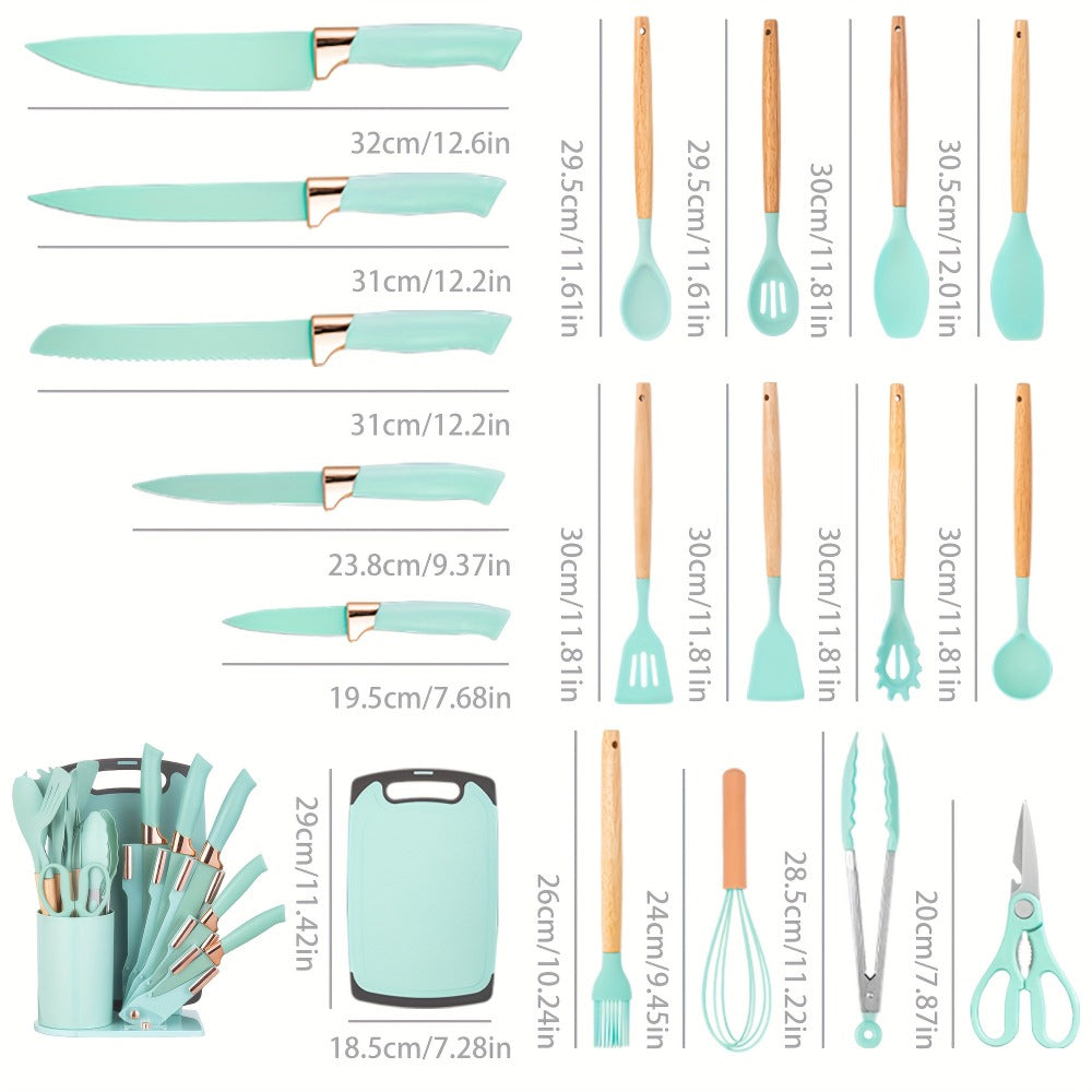 Kitchen Knife Set 19-Piece with Stainless Steel Blades, Wood Handles, Silicone Utensils, Board, Shears and Holder
