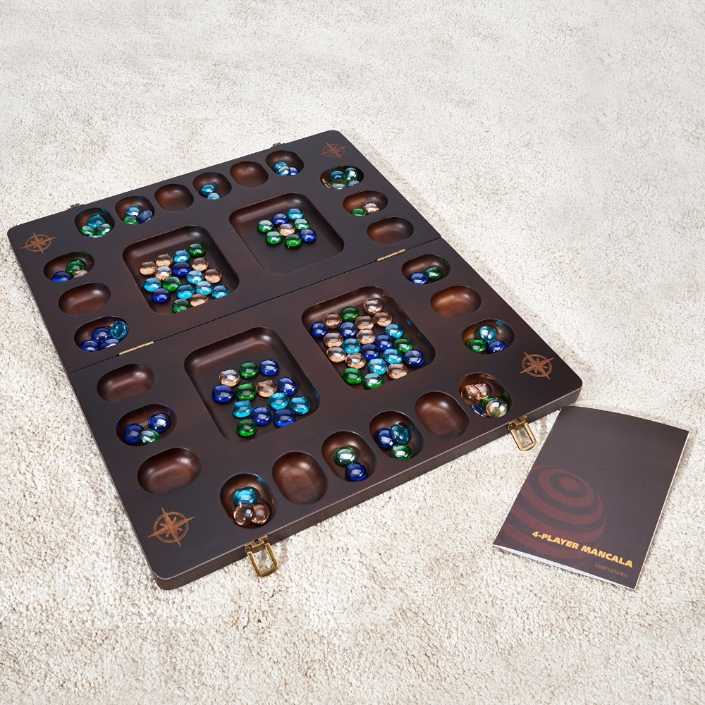 4-Player Mancala Game Set – Premium Solid Wood Folding Board with 108 Multi-Color Glass Stone Beads & Instructions