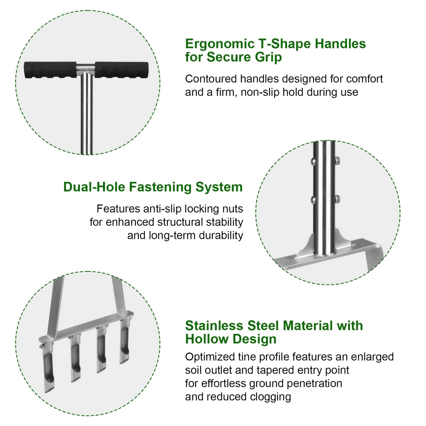 Four-Tine Manual Lawn Core Aerator in Black with T-Handle, Foot Bar and Hollow Plugging Tubes