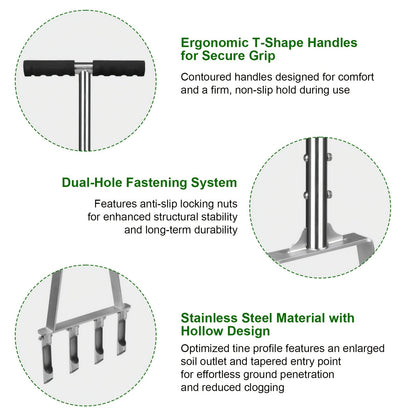 Four-Tine Manual Lawn Core Aerator in Black with T-Handle, Foot Bar and Hollow Plugging Tubes
