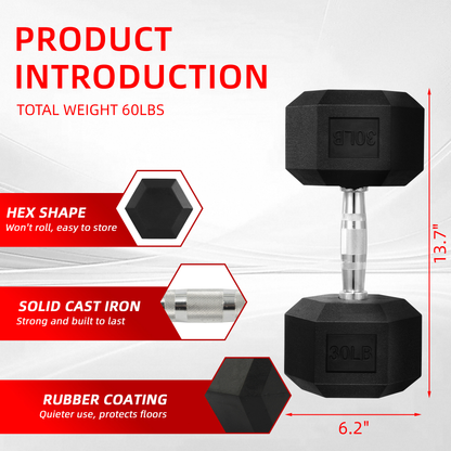 Rubber Hex Dumbbell Set – Solid Cast Iron, Hexagonal Anti-Roll Design, Chrome Ergonomic Handle, Non-Slip Grip