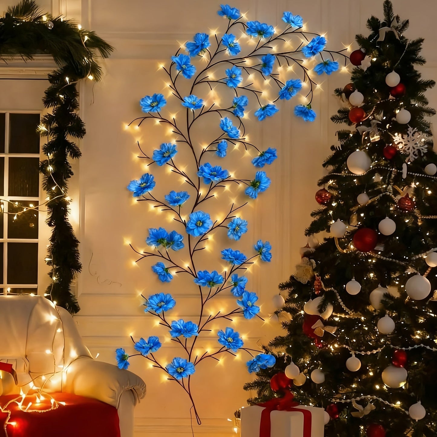 Cherry Blossom LED Fairy Lights USB Powered, 96-Light Faux Floral Garland, Dimmable & Cool White