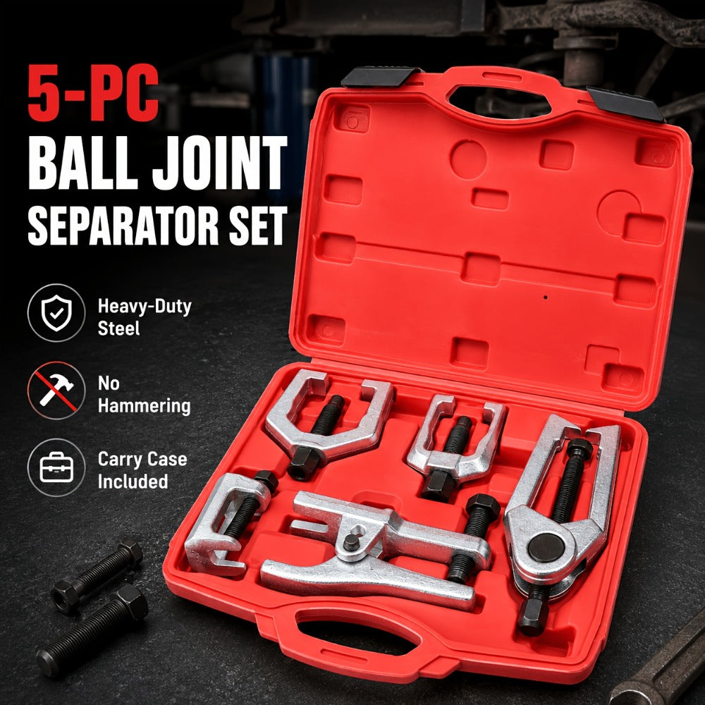 Five-Piece Ball Joint Separator and Puller Tool Set with Red Carry Case and Five Distinct Tool Profiles