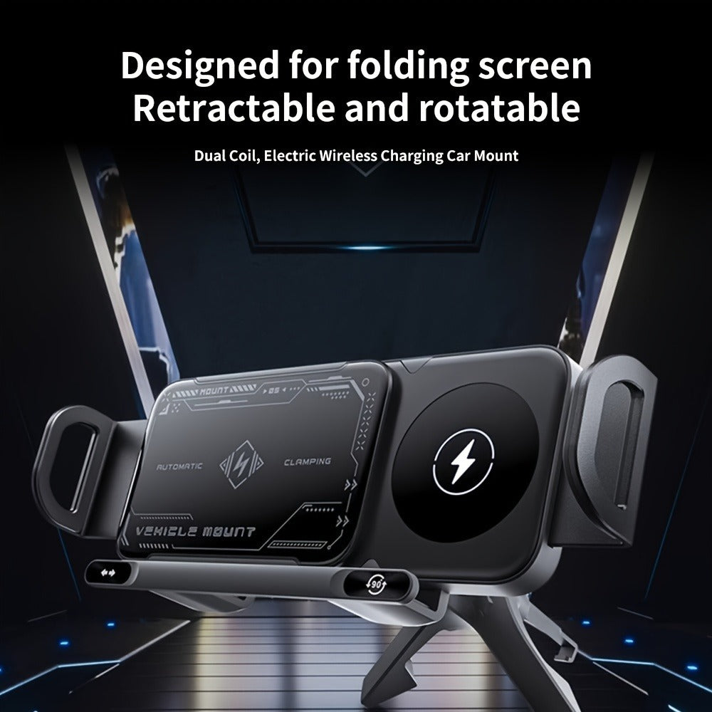 Dual-Coil Wireless Charging Car Mount with 15W Label, Fold-Screen Support and Three Configurations
