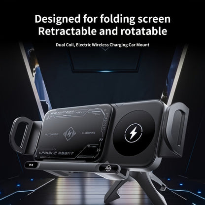 Dual-Coil Wireless Charging Car Mount with 15W Label, Fold-Screen Support and Three Configurations