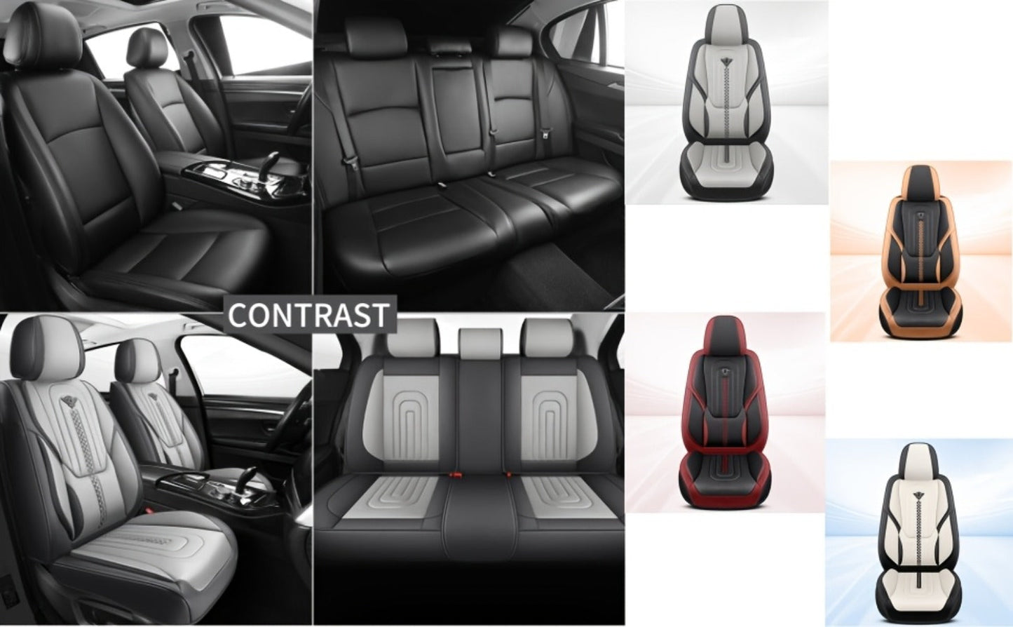 Contoured Front Car Seat Cushion Covers with Headrest Pads in Four Two-Tone Color Option Sets