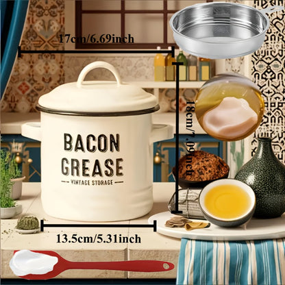 Bacon Grease Container with Lid, Large Grease Storage Can with Heat-Resistant Filter, Silicone Spatula & Cleaning Sponge Set