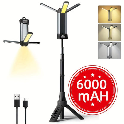 LED Camping Lantern with Tripod Stand, 6000/14500mAh Rechargeable Work Light, 10 Light Modes, 3 Height Adjustments