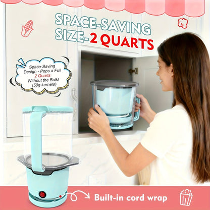 Oil-Free Popcorn Maker Hot Air Popcorn Machine 2-Minute Quick Popping 95% Pop Rate Built-In for Home Cooking, Dining and Outdoor Meals