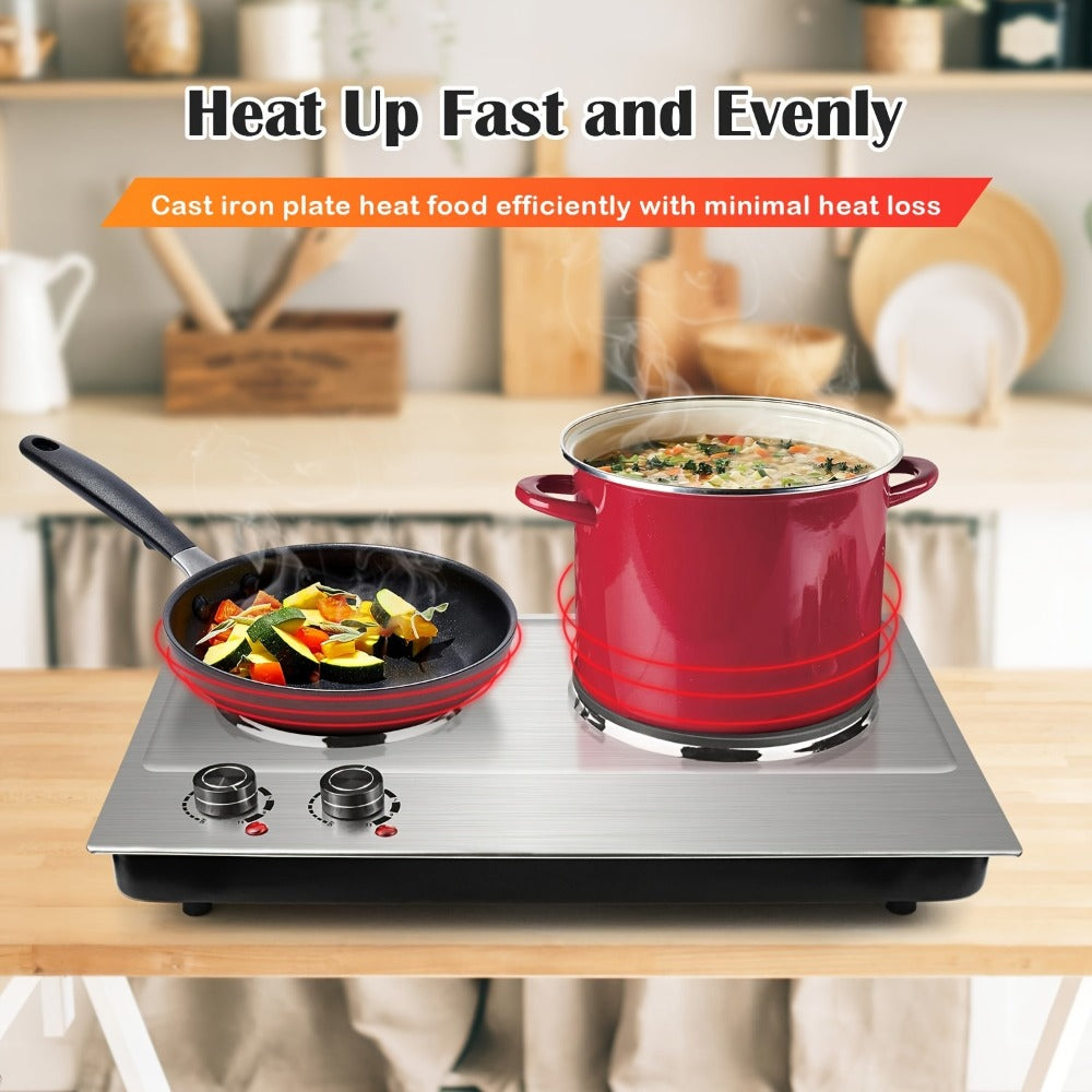 Hot Plate Electric Burner with Temperature Control, Dual Size Coil Burners 7.4in & 6.1in, Countertop Electric Stove for Daily Cooking