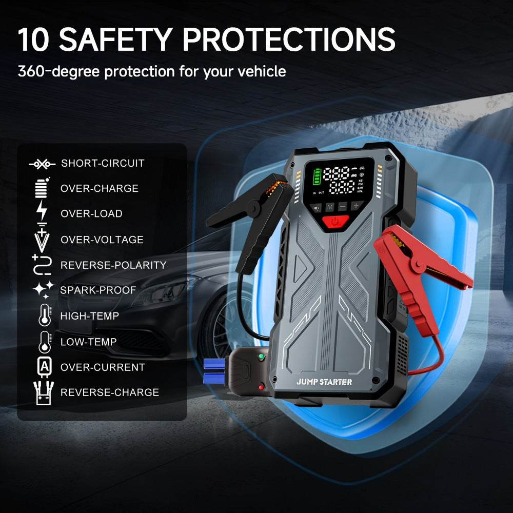 Portable Jump Starter 9-in-1 with Air Compressor – 12V Car Battery Booster for 8.0L Gas & 6.5L Diesel, USB-C, LED Emergency Light