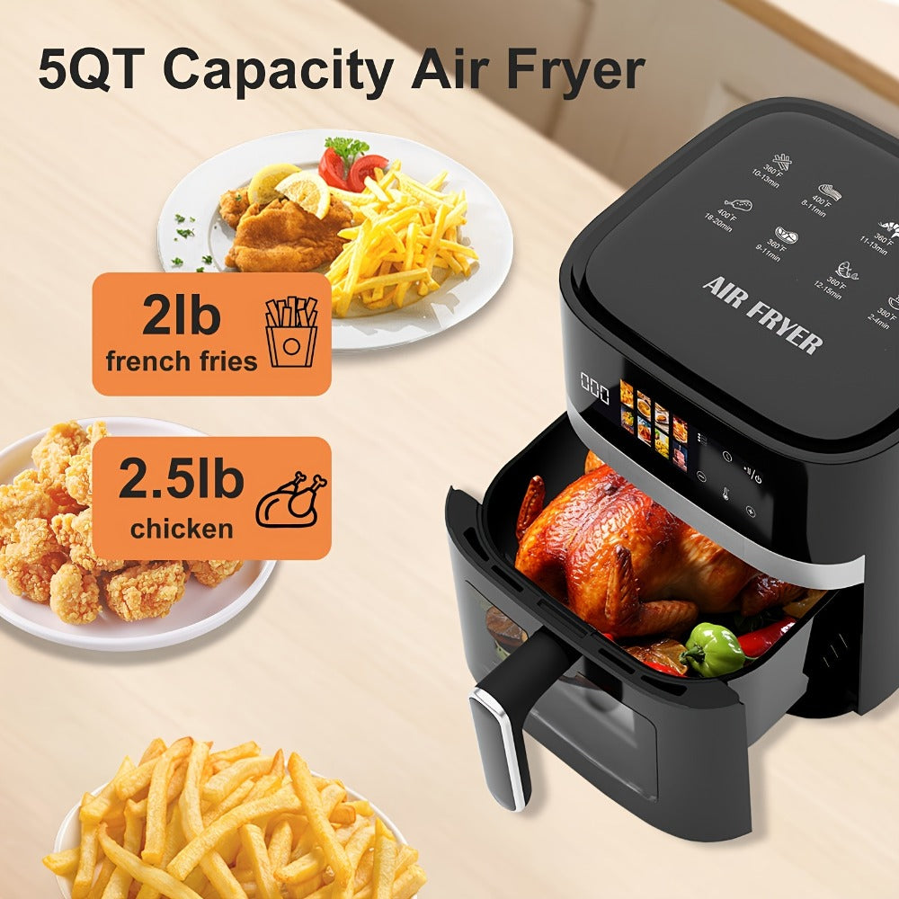 Air Fryer 6QT Multi Function LED Digital Touchscreen Visible Window Oil Free Non-Stick Basket for Entryways, Bedrooms and Living Spaces