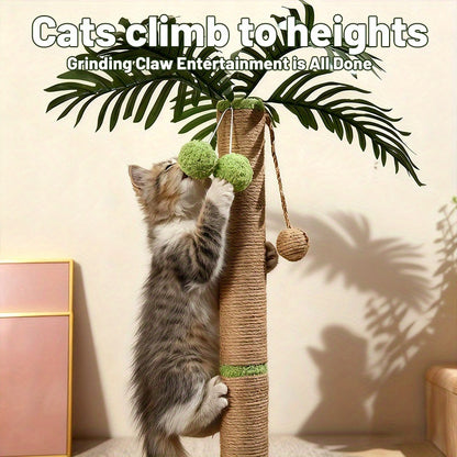 Cat Scratching Post 36.3 Inch – Natural Sisal Coconut Tree Design with Hanging Balls, Stable Weighted Base Cat Scratcher Tower for Indoor