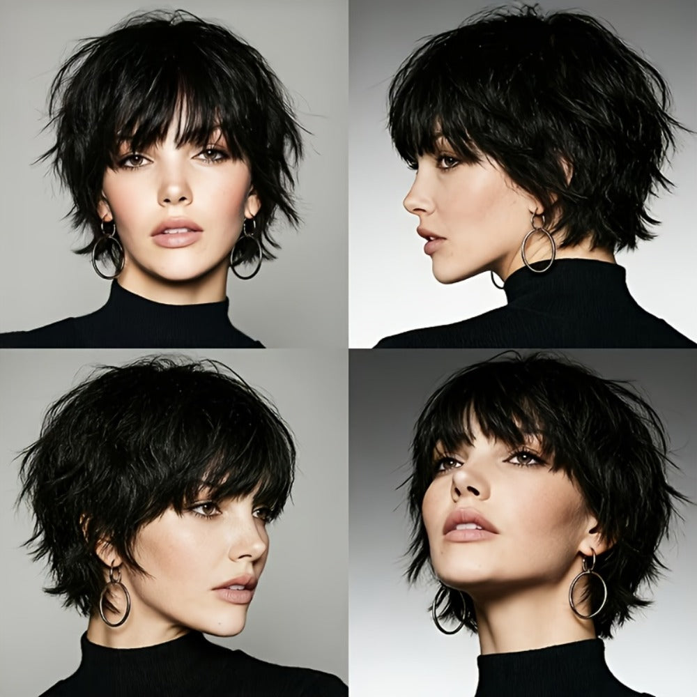 Pixie Cut Wig Human Hair with Bangs Glueless Short Brazilian Layered Machine Made Throw-On-and-Go Hairpiece Natural Black 1B Medium Brown #4