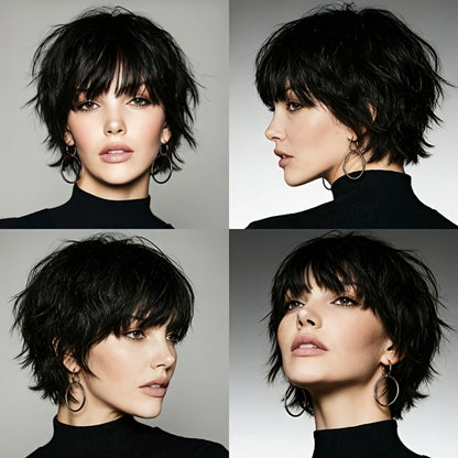 Pixie Cut Wig Human Hair with Bangs Glueless Short Brazilian Layered Machine Made Throw-On-and-Go Hairpiece Natural Black 1B Medium Brown #4