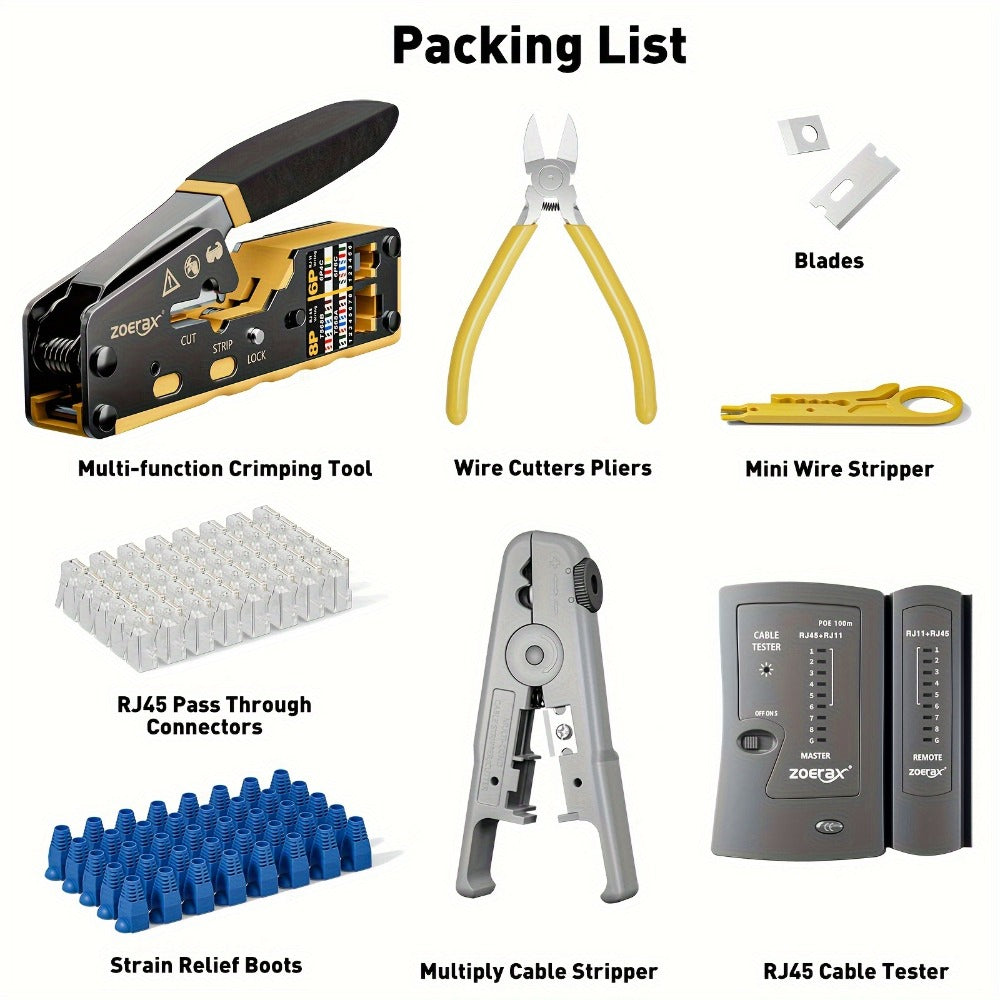 RJ45 Crimping Tool Kit Ethernet – CAT5/CAT5e/CAT6 Pass Through Crimper with Cable Tester, Wire Stripper, Pliers, Spare Blades