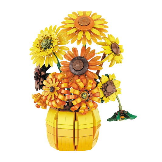 Sunflower Bouquet Building Blocks Set with 1009-Piece Checkout Label, Adjustable Petals and Yellow Vase Display
