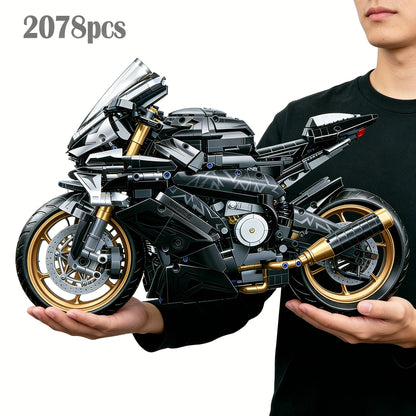 Motorcycle Building Blocks Model Kit 1:5 Scale 2000+ Pieces, Platinum Gold & White Collectible Brick Motorbike Display Set
