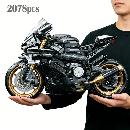 Motorcycle Building Blocks Model Kit 1:5 Scale 2000+ Pieces, Platinum Gold & White Collectible Brick Motorbike Display Set