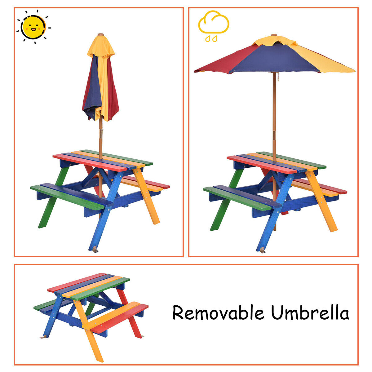 Kids Picnic Table Set with Umbrella Wood Table Bench Set for Toddlers Seats with the Listed Color, Size or Set Options for Everyday Use