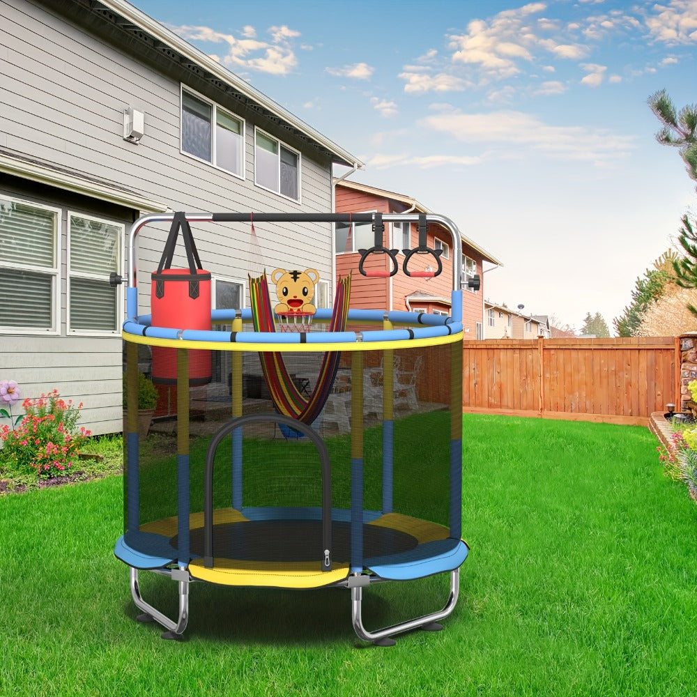 60 Inch Trampoline with Enclosure and Gymnastics Bar, Height Adjustable Indoor Outdoor Round Trampoline with Toys for Kids