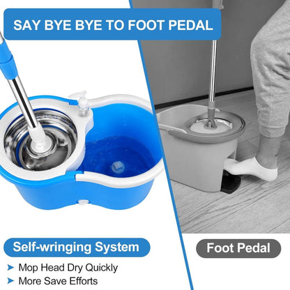 360 Spin Mop and Bucket Set with Wringer – Stainless Steel Extended Handle Spinning Mop Bucket System with Microfiber Mop Refills