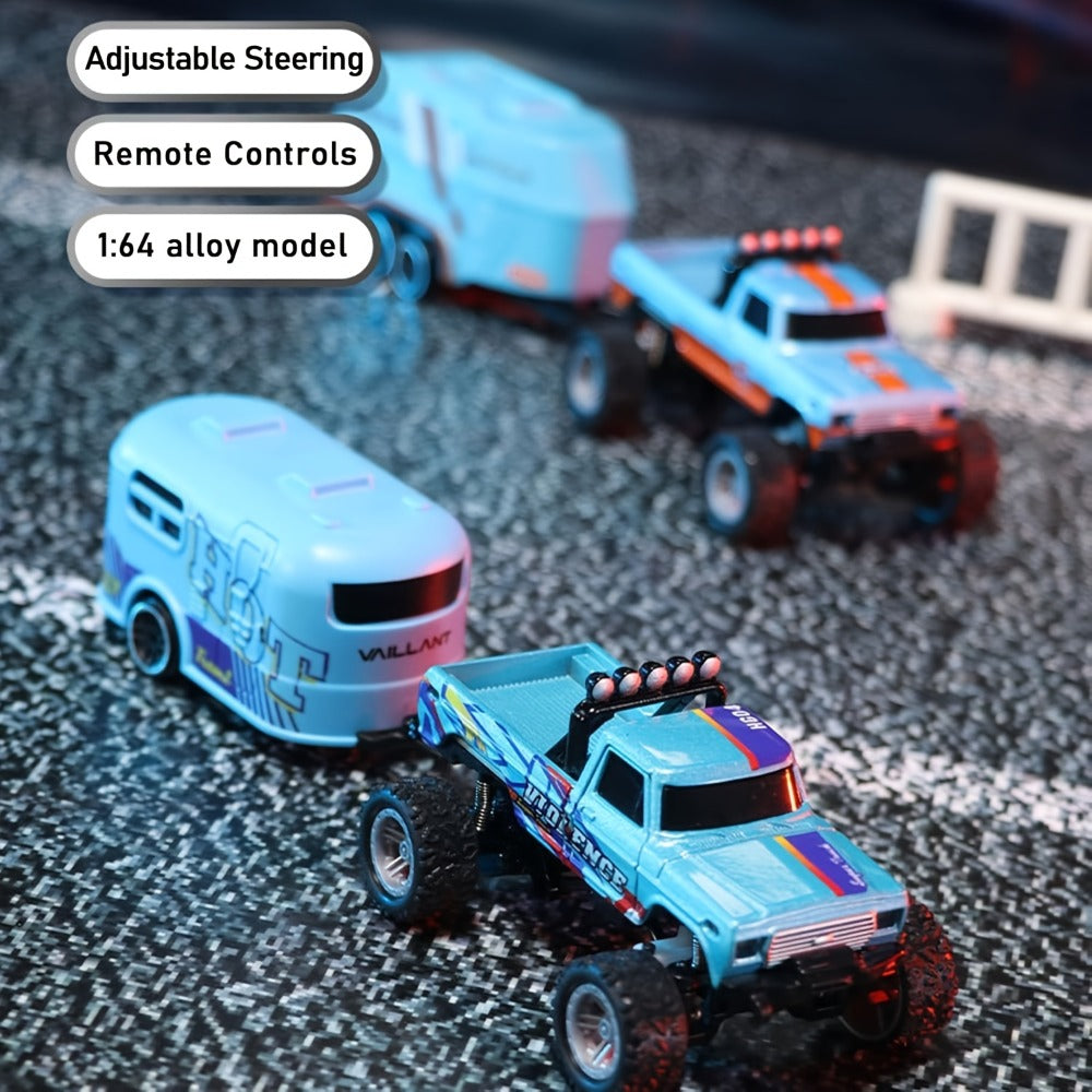 Mini RC Truck Toy 1:64 Scale 2.4GHz Off-Road Alloy Crawler with Detachable Trailer Body Lights & LED Headlights