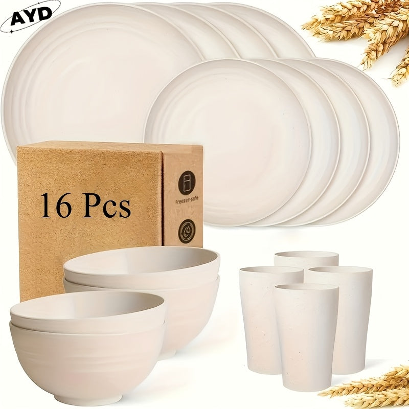 Wheat Straw Dinnerware Set Unbreakable 16 or 32-Piece Service for 4 or 8, Lightweight Dishwasher Microwave Safe Dish Set with Plates Bowls