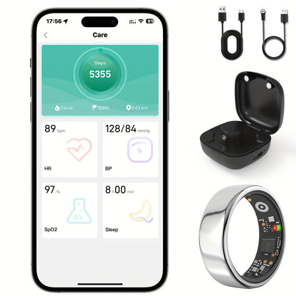 Smart Ring Fitness Tracker with Charging Case – Sleep Tracker Step Counter Distance Monitor for Women & Men | Sizes 7-13 | Black Silver Gold
